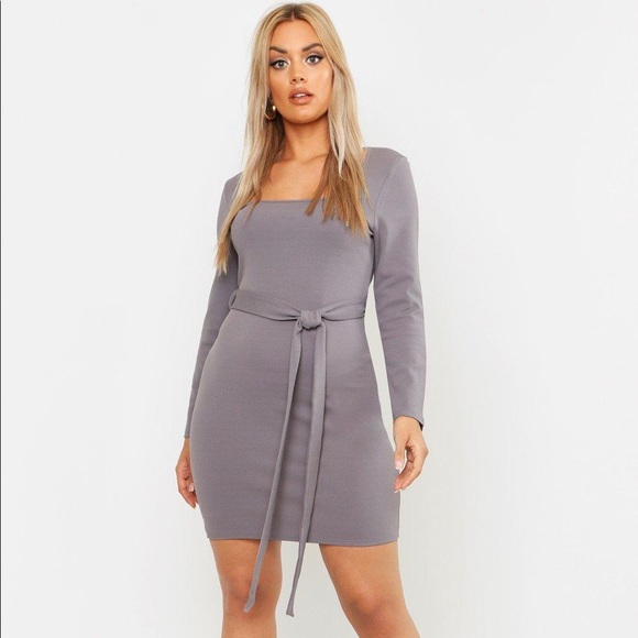 Boohoo Plus Crepe Long Sleeve Belted Bodycon Dress - Picture 1 of 7